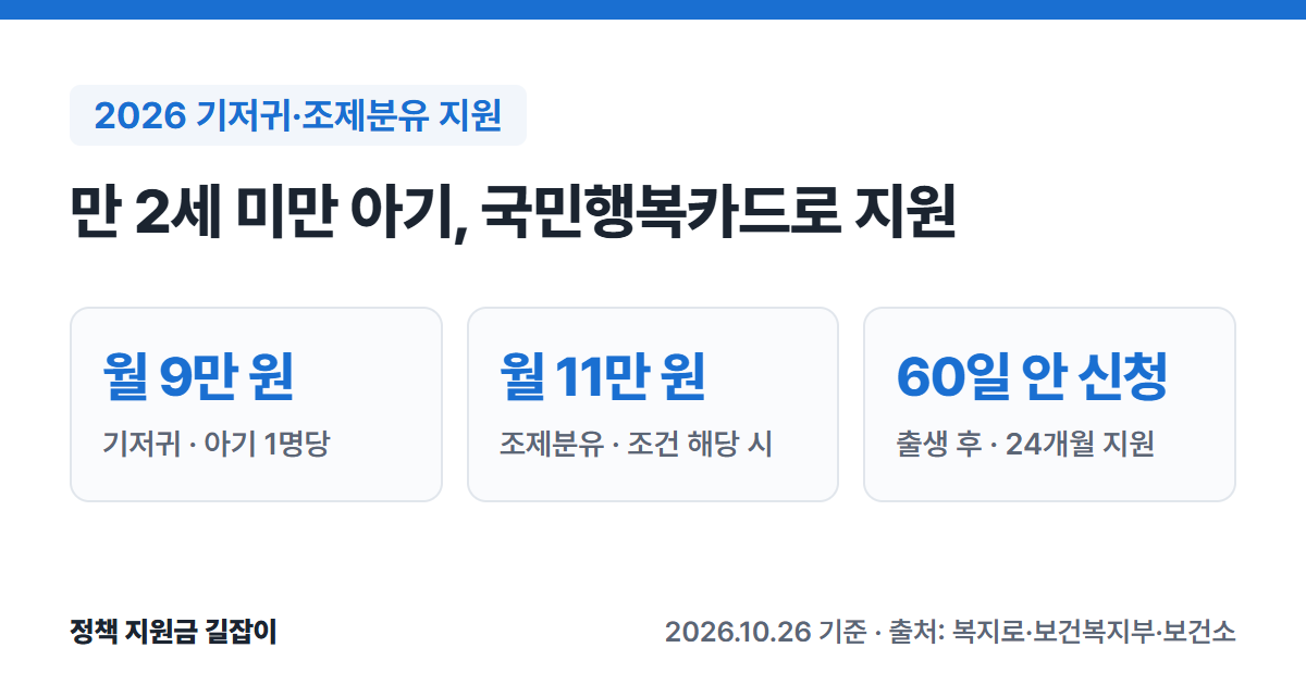 2026 기저귀·조제분유 지원 요약: 기저귀 월 9만 원, 조제분유 월 11만 원 국민행복카드 포인트, 만 2세 미만, 출생 후 60일 안에 신청하면 24개월 지원